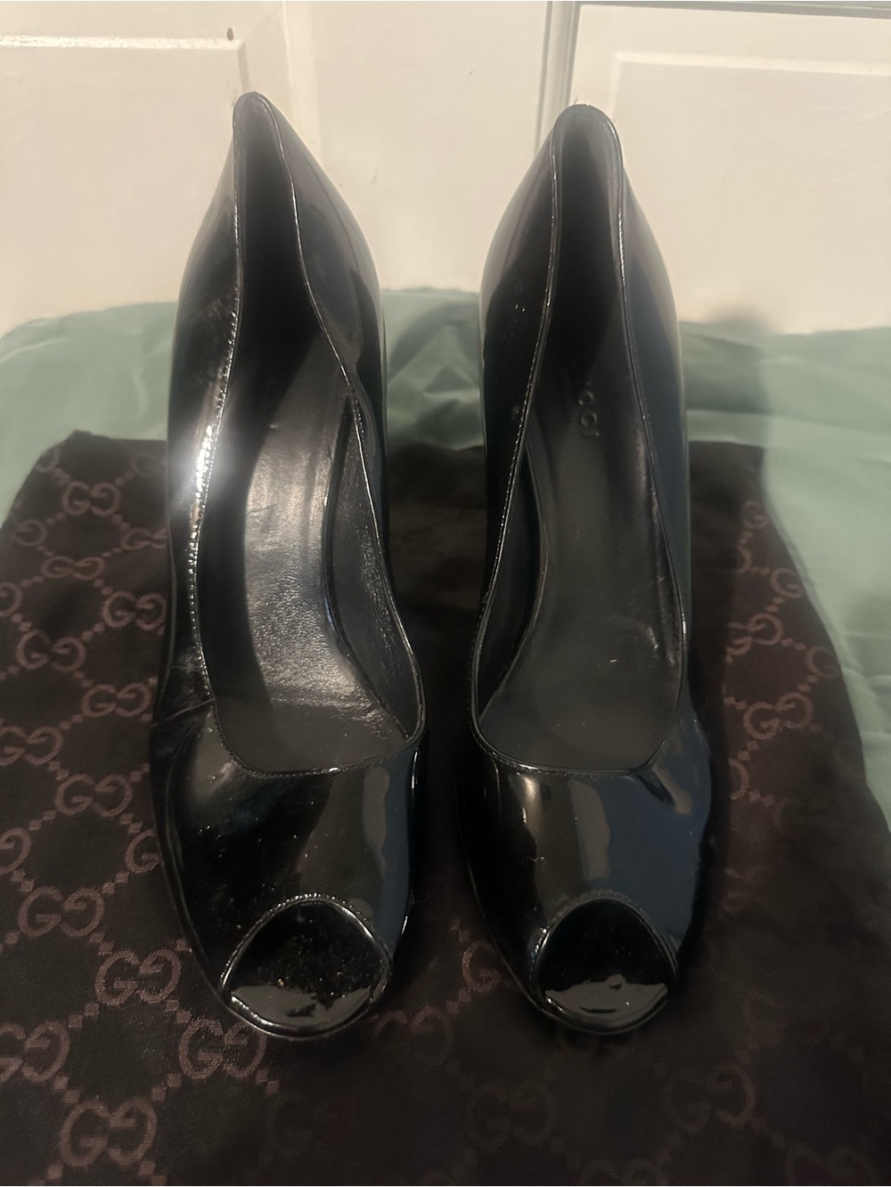 Gucci Black Patent Peep-Toe Wedge Pumps